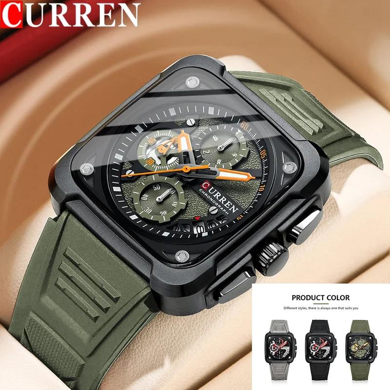 CURREN Часы-хронограф для мужчин Светящиеся стрелки Спортивный уникальный квадратный циферблат с автоматической датой Водонепроницаемые наручные часы Силиконовый ремешок
