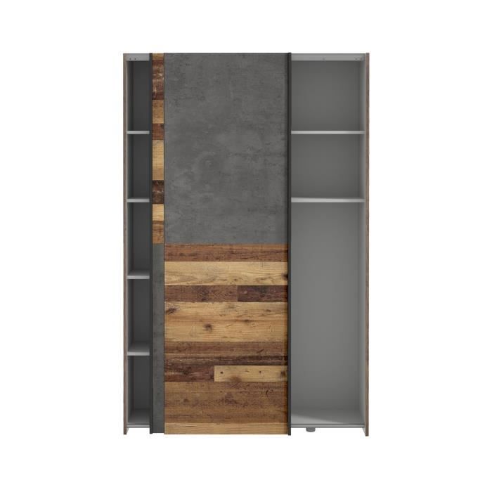 Armoire 2 portes coulissantes multifonction - Panneaux de particules - Bois et béton gris - L 120 x P 41,6 x H 190,5 cm - OZZULA