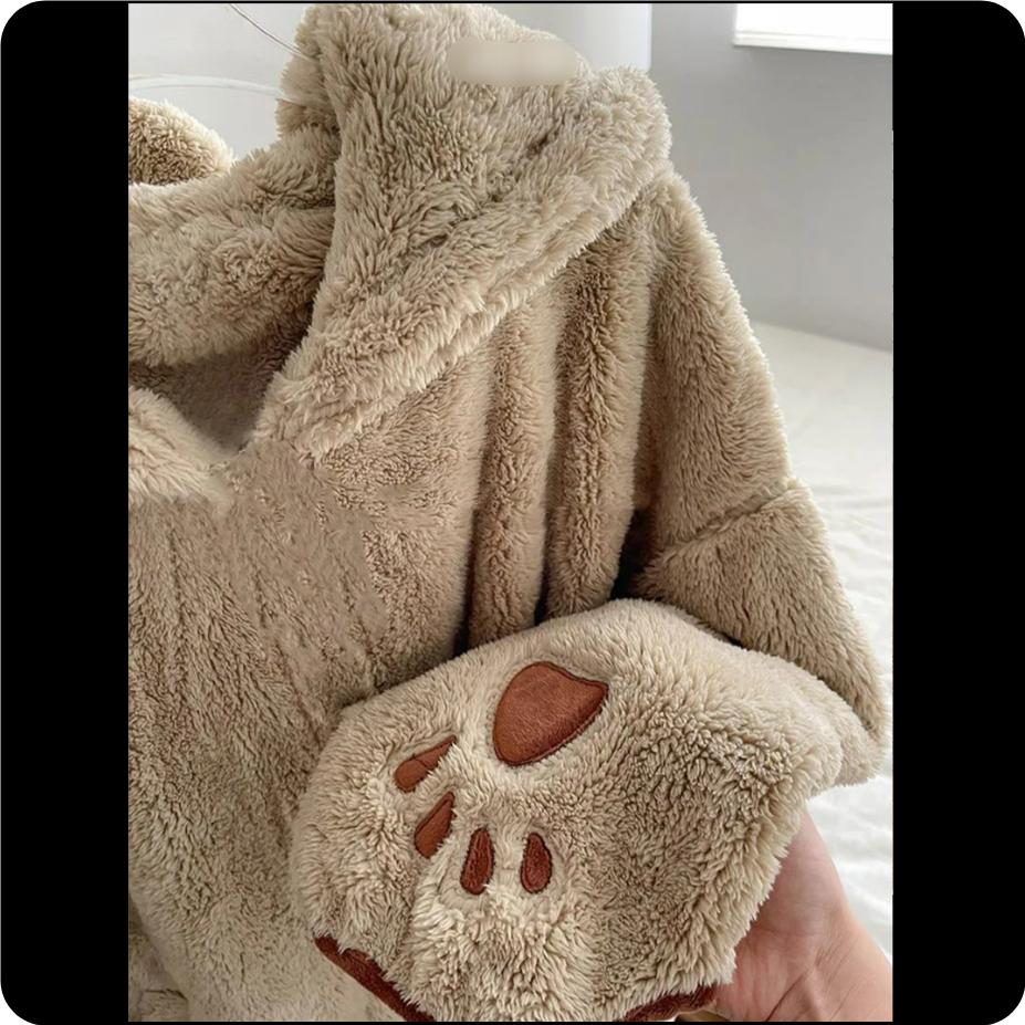 Little Brown Bear Coral Fleece Hooded Pajamas Suit Women's Autumn and Winter Plus Velvet Thickening To Keep Warm Can Be Worn Outside Home Service