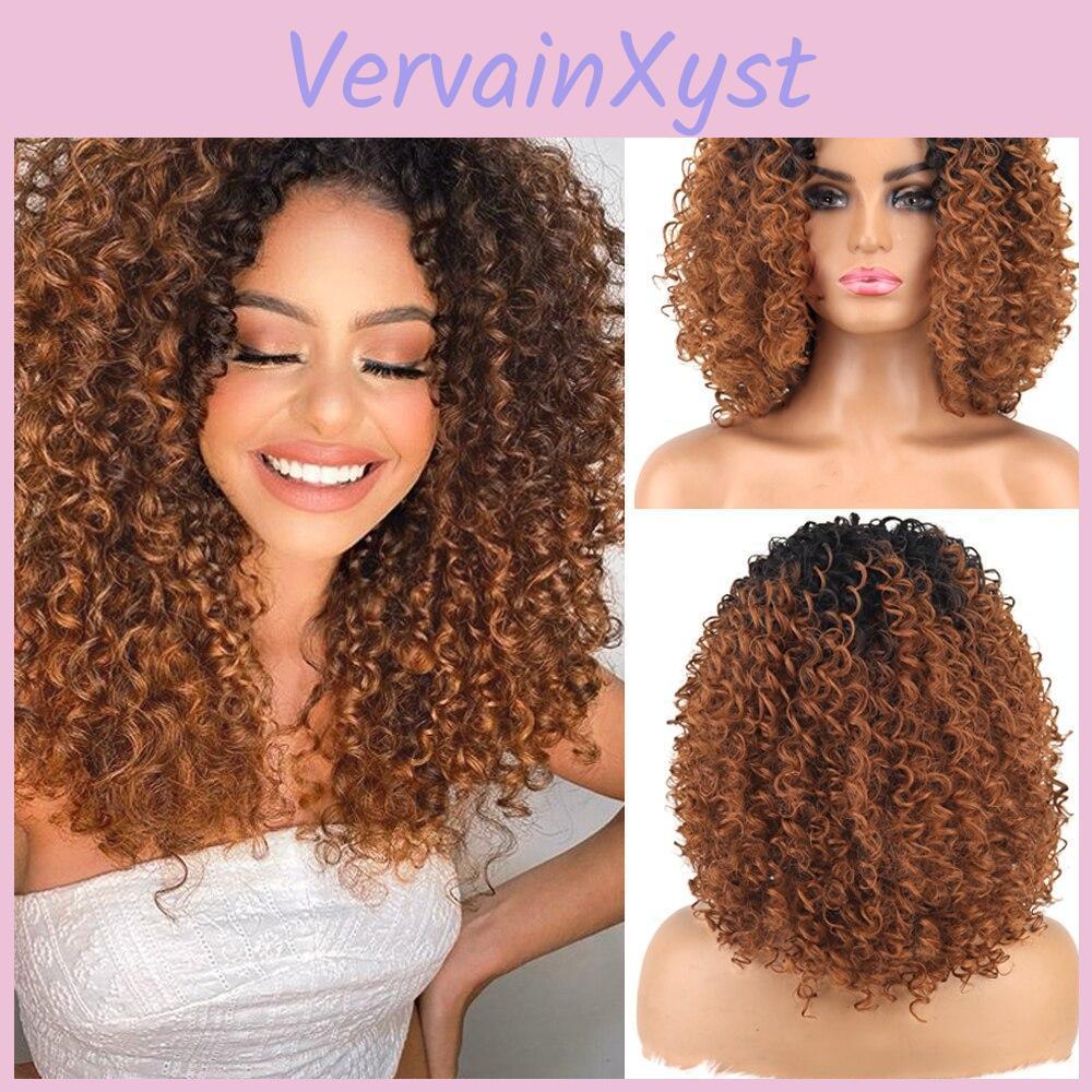 Модный парик для афроамериканских женщин Miss Kinky Curly Wig Без челки Синтетическое волокно Омбре Коричневый Цвет Кудрявый Косплей Африканский парик