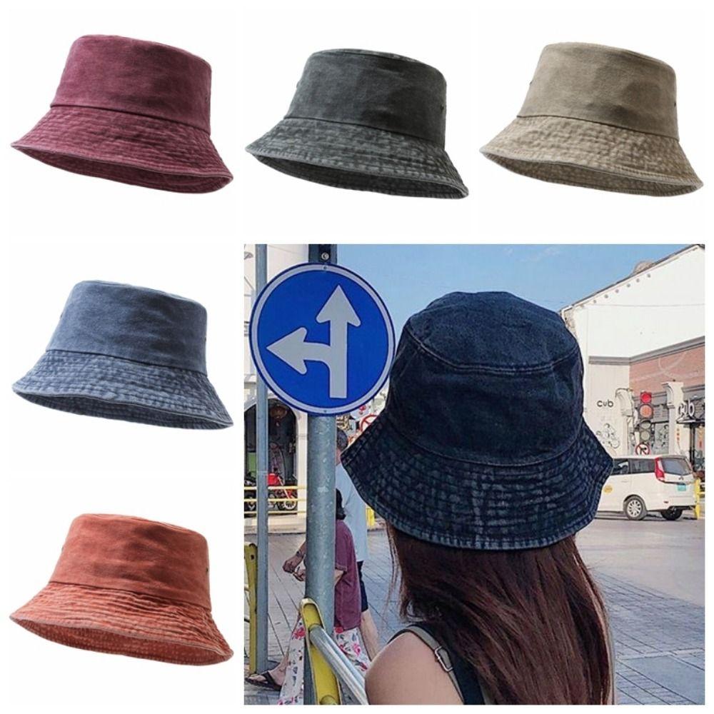 Washed Denim Fisherman Hat Solid Color Sun Hat Retro Style Boonie Hat  Beach Activities