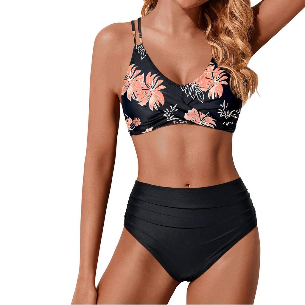 Women's Spring And Summer Sexy Print Split High Waist Bikini Swimsuit (2 Sets)