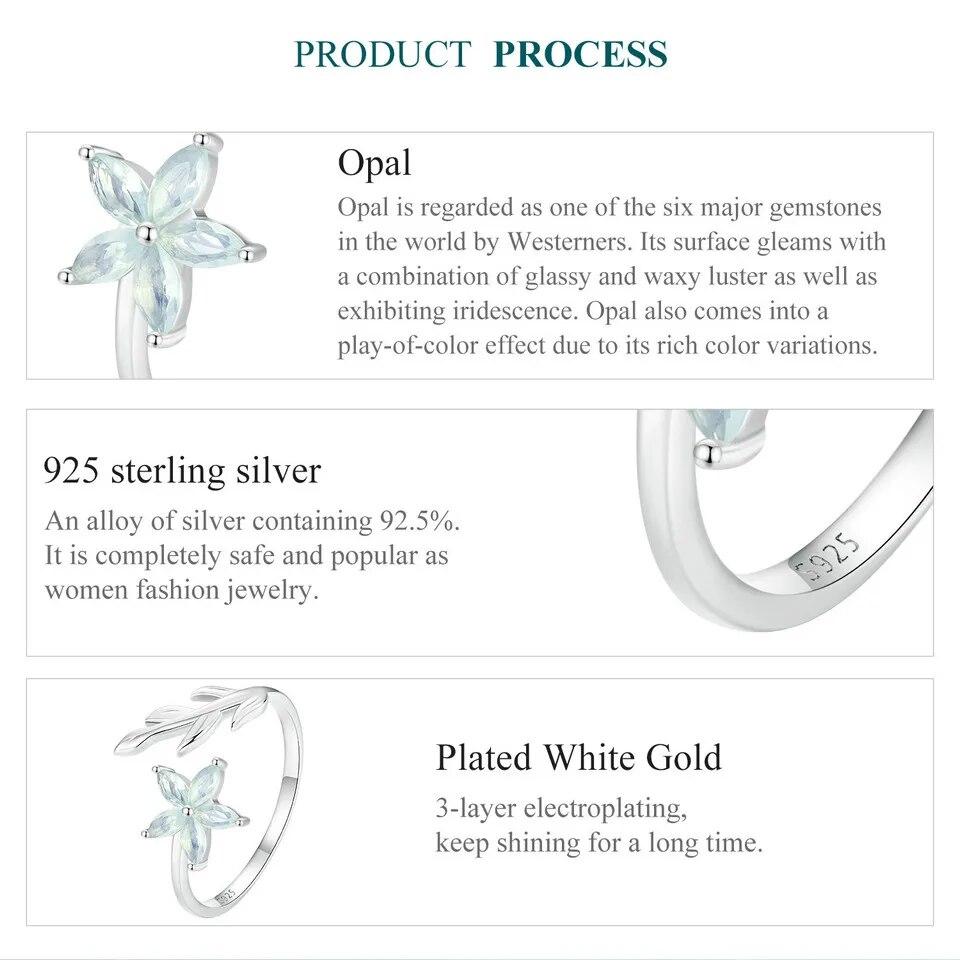 Bamoer 925 Sterling Silver Exquisite Flower Opening Ring Leaf Adjustable Ring for Women Birthday Gift Fine Jewelry