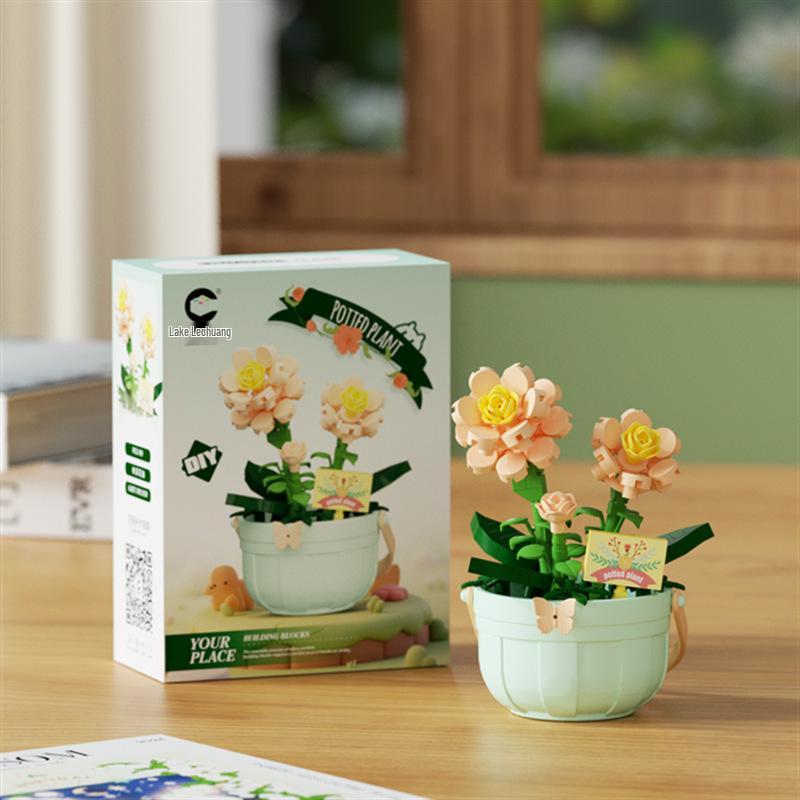 Cross-Border Lego Immortal Flower Basket Building Block Set - Rose Bonsai & Children's Assembly Toy for Teacher's Day Gift