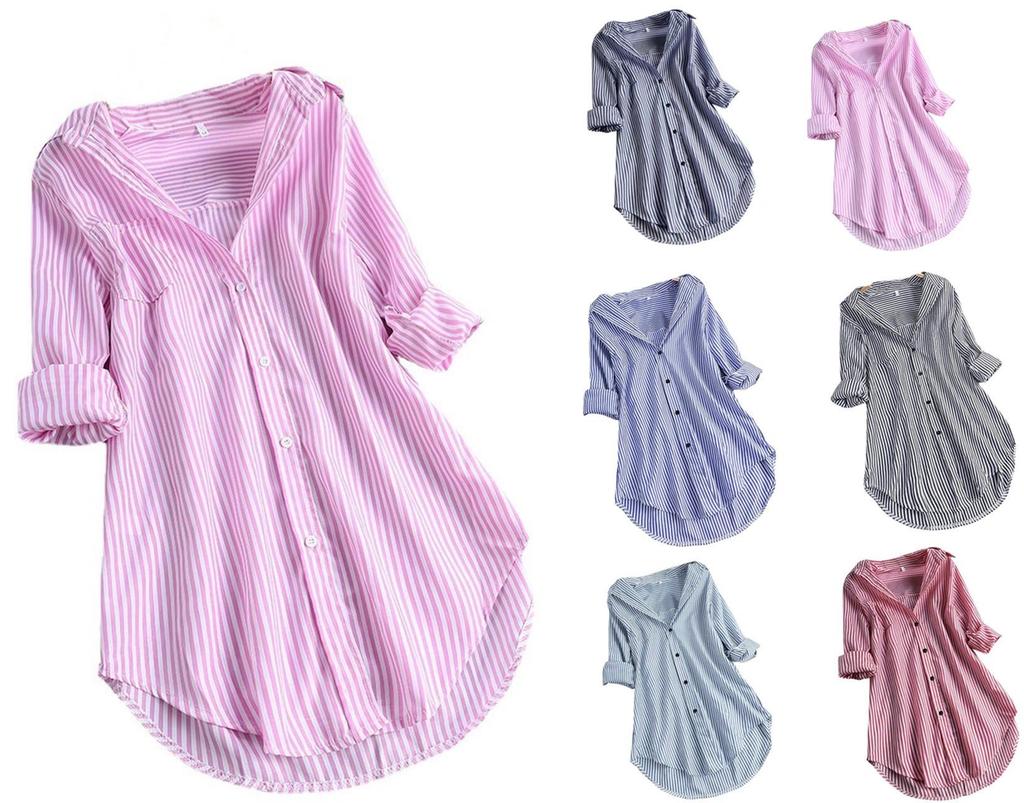 Свободная рубашка в полоску с длинным рукавом в европейском и американском стиле 2023 года для женщин