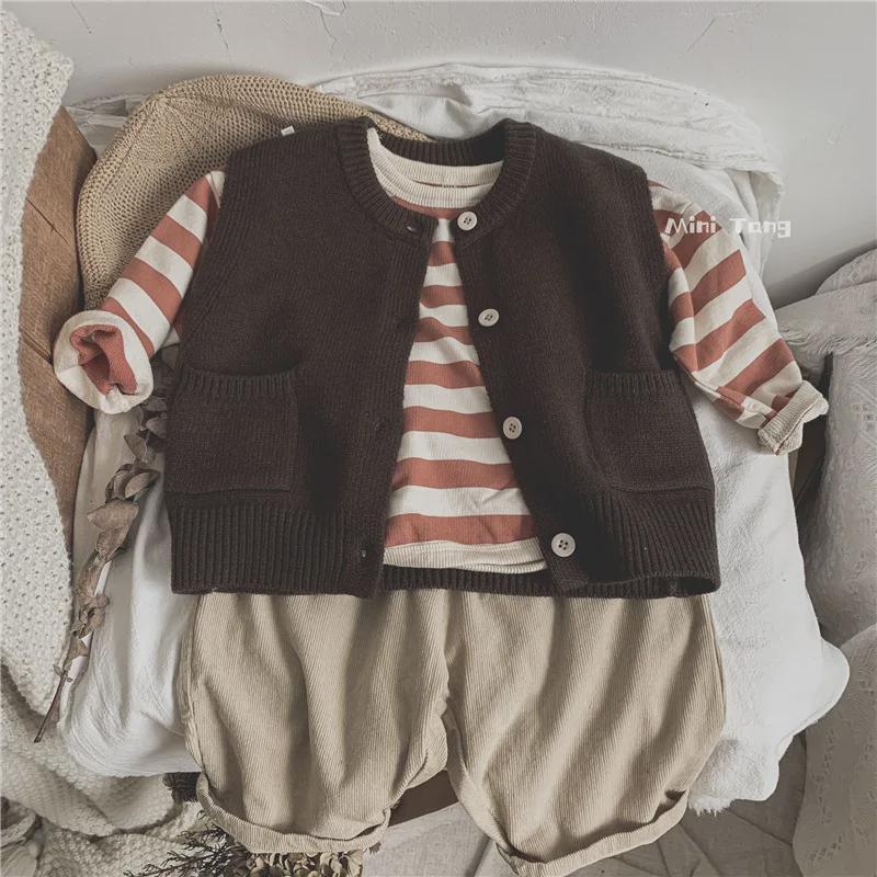 Forest Style Kids' Knitted Vest: Solid Color Versatile Sweater Cardigan for Boys & Girls - Perfect for Spring & Autumn Trends