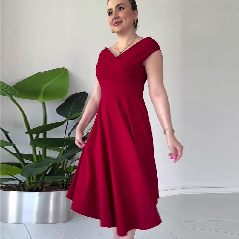 2024 Европейское и американское платье в стиле Хепберн однотонное с V-образным вырезом и приталенное