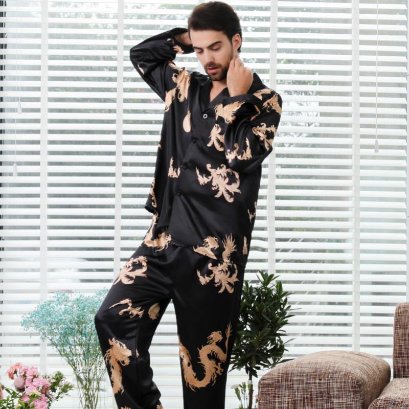 Men's Stain Silk Pajama Set Men Dragon Printed Soft Cozy Satin Nightgown Women Couples Sleepwear for Male