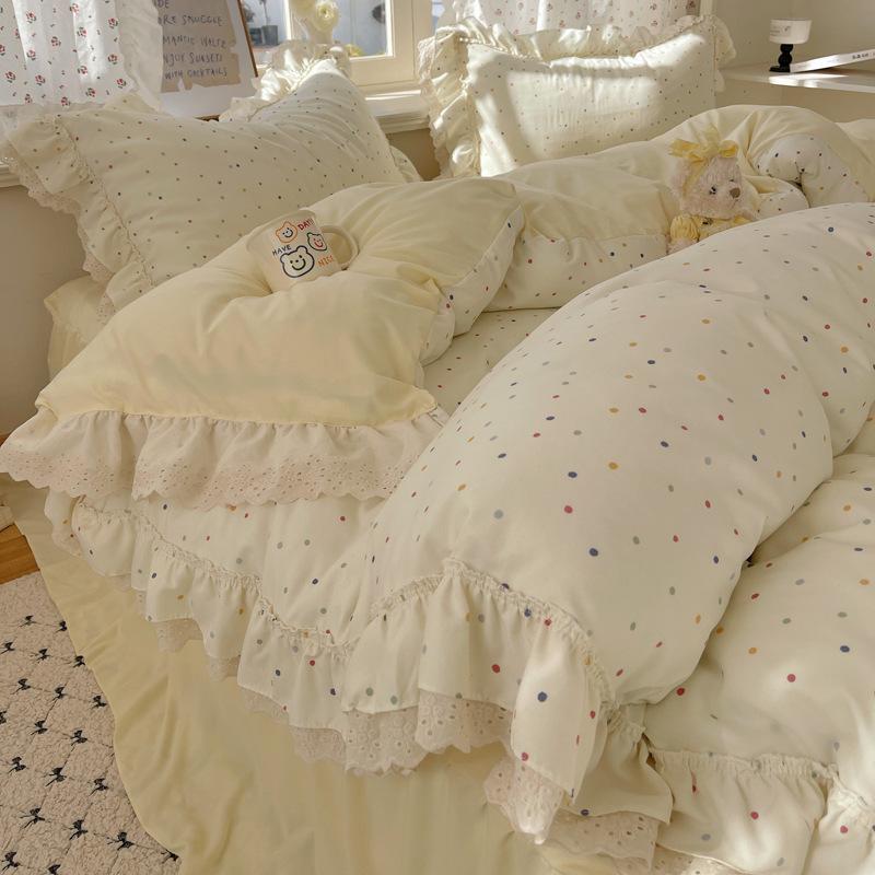 Комплект постельного белья из четырех предметов с двойной нитью, кружевной в принцессном стиле, приятный для кожи, дышащий, стиранные простыни, пододеяльник, наволочка