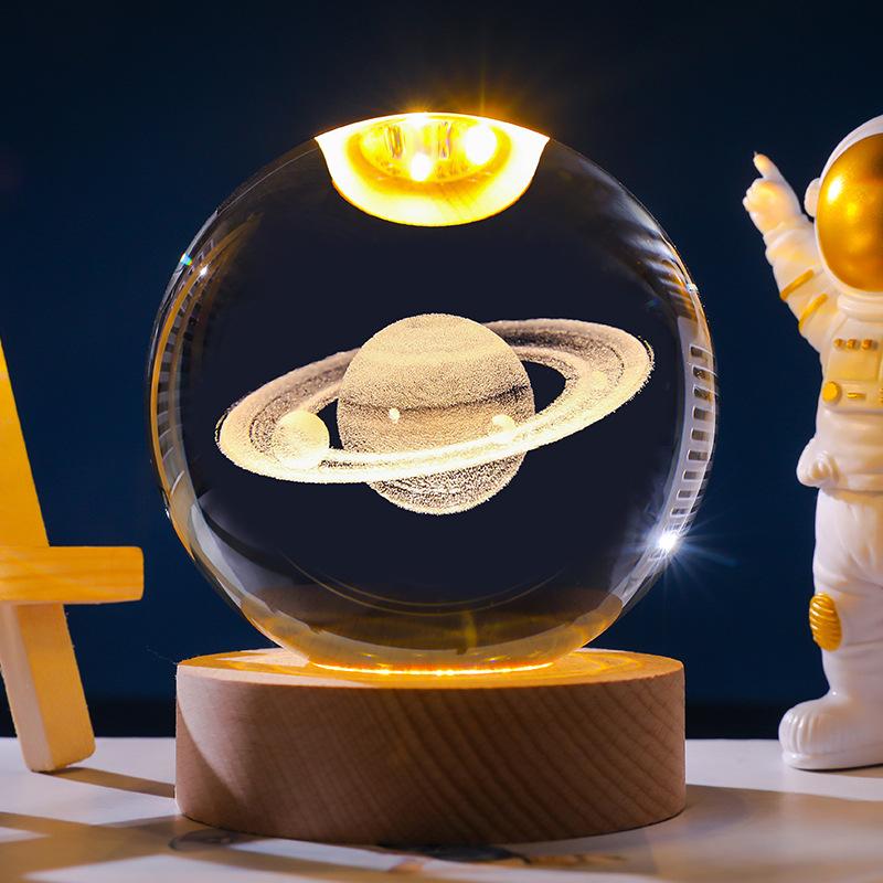 Personalize Wood Base logo 3d Laser Engraving Solar System Saturn Moon Crystal Glass Ball Home Decor Night Lights
