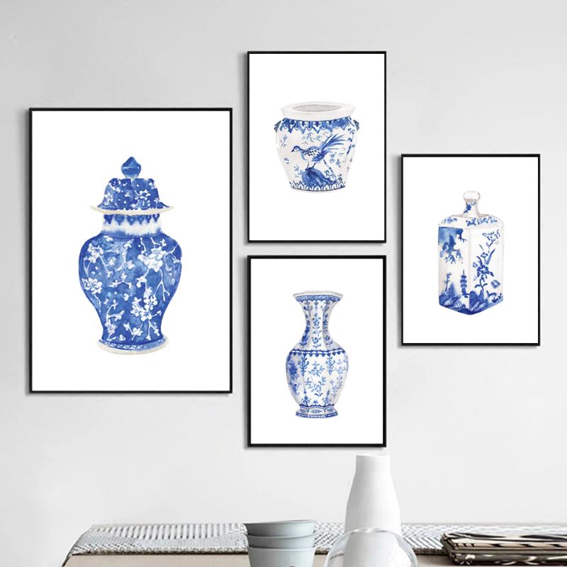 Watercolor Chinoiserie Vases Prints Ming Porcelain Blue and White China Art Canvas Painting Eastern Art Poster Wall Art Decor