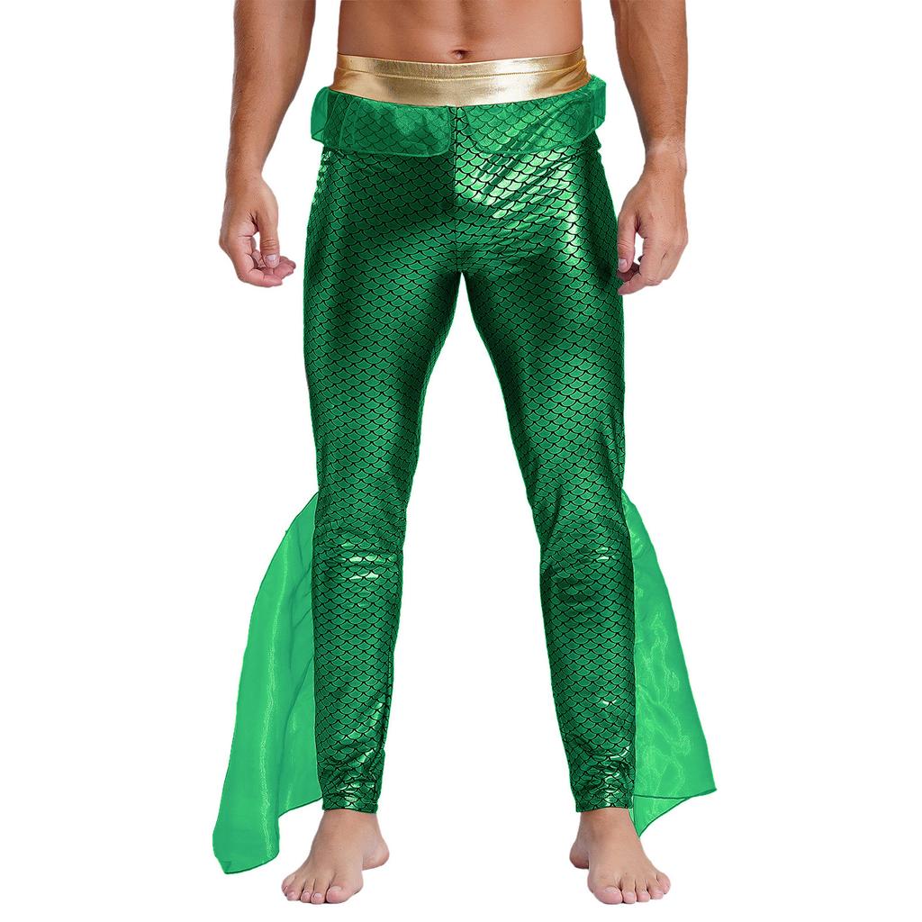Mens Mermaid Pants King of the Seas Costume Elastic Waist Metallic Shiny Fishscale Print Tights Leggings