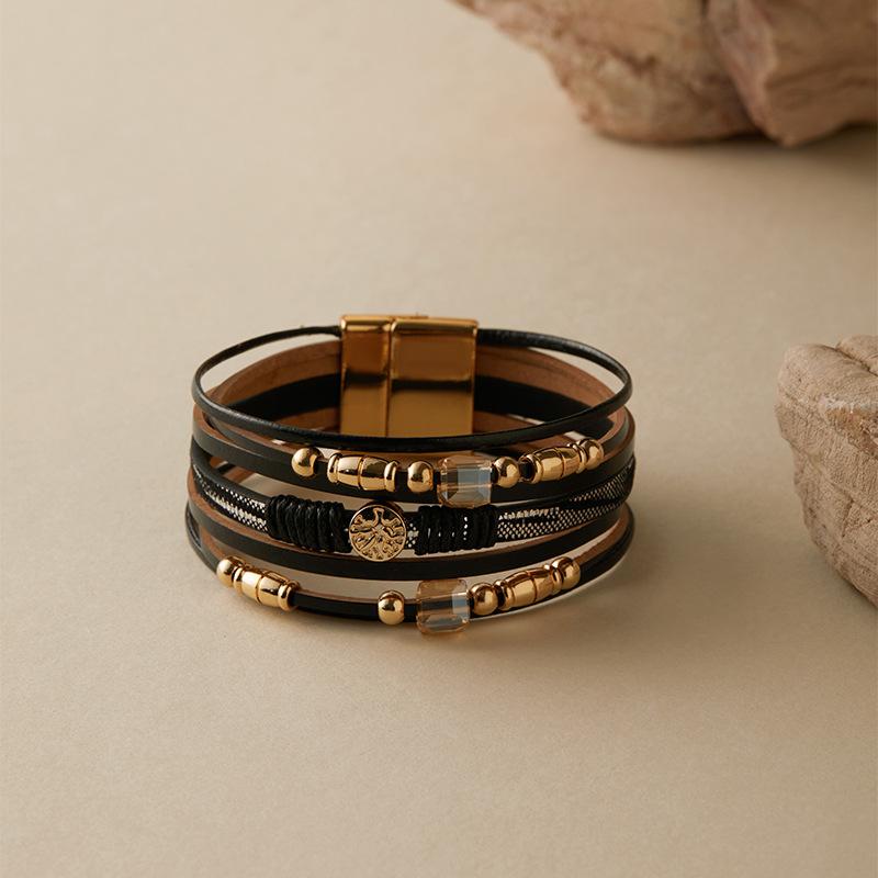 Кожаный браслет с бусинами для женщин, массивная цепочка, многослойный обруч, широкие браслеты, украшения для вечеринок, аксессуары