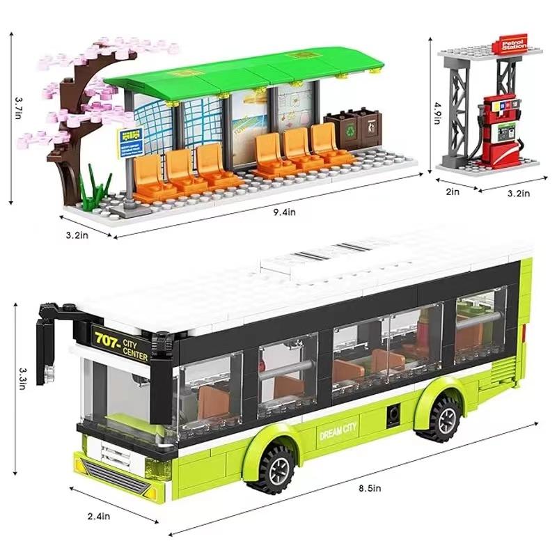 Городской автомобильный зеленый, синий пассажирский автобусный вокзал, одноэтажный общественный набор, фигурки, модельные строительные блоки, игрушки для мальчиков, подарки