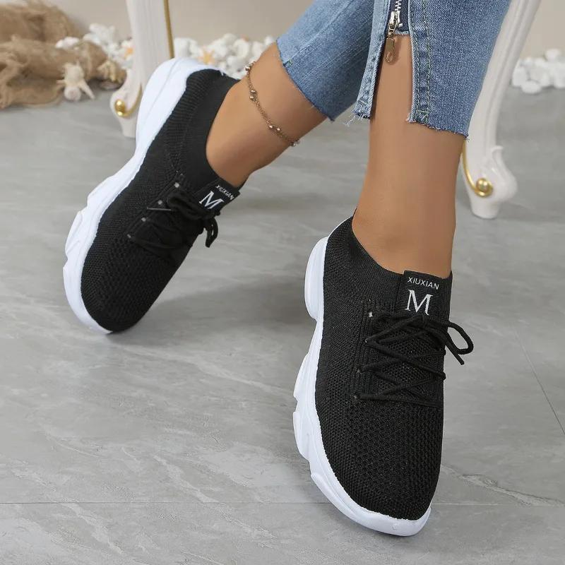 2024 Brand Women's Shoes Lace-up Women's Vulcanize Shoes Fashion Ladies Casual Shoes New Round Toe Light Solid Mesh Sneakers