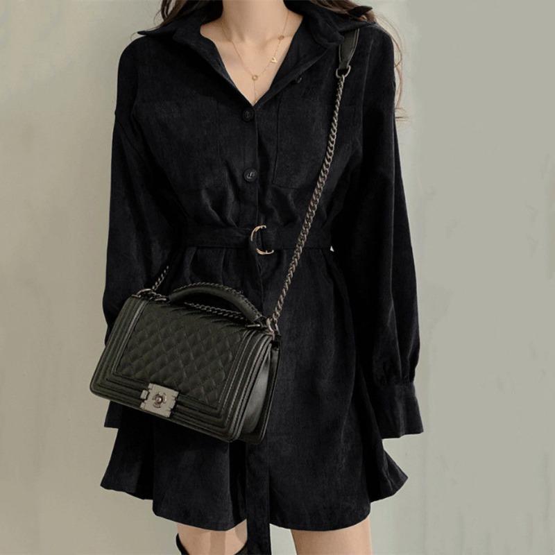 Женское вельветовое длинное платье-рубашка французского дизайна в иностранном стиле со шнуровкой на талии, утягивающее платье