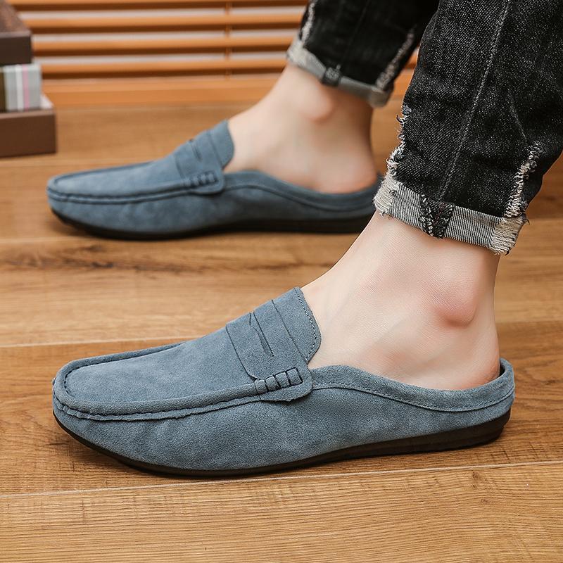 Fashion Leather Men Half Slippers Summer Breathable Mens Casual Shoes Slip-on Lazy Driving Shoes Comfortable Walking Loafers Moccasins