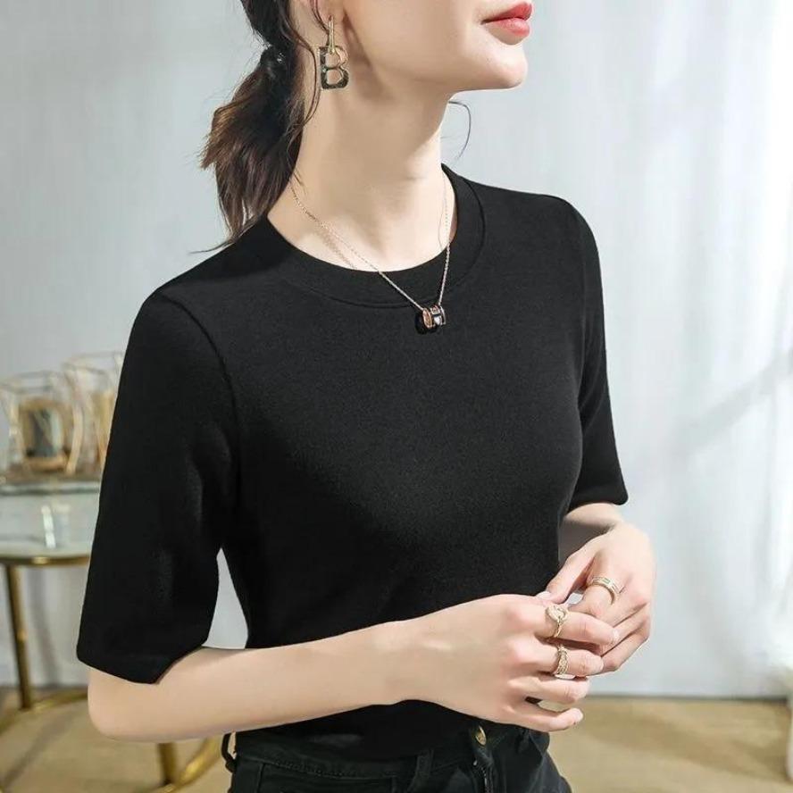 YYFS Женские модные повседневные летние весенние однотонные блузки и рубашки с круглым вырезом и рукавами 1/2 с принтом