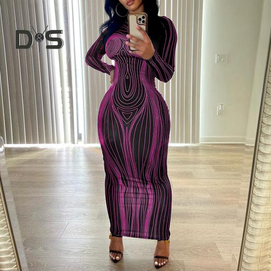 Женское платье макси, облегающее, облегающее, с длинным рукавом, эластичное, с круглым вырезом, в полоску, с принтом, мягкое, тонкое, до щиколотки, женское, весенне-осеннее, вечернее платье