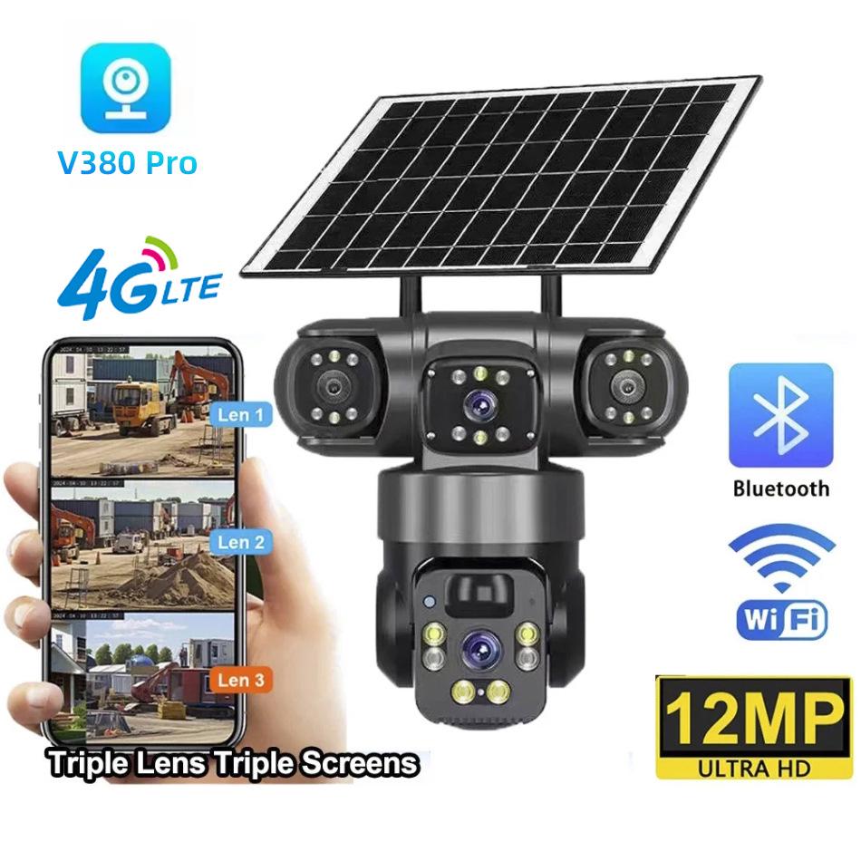 V380pro Солнечная Беспроводная HD 9МП 4G Домашняя Камера с Тремя Объективами