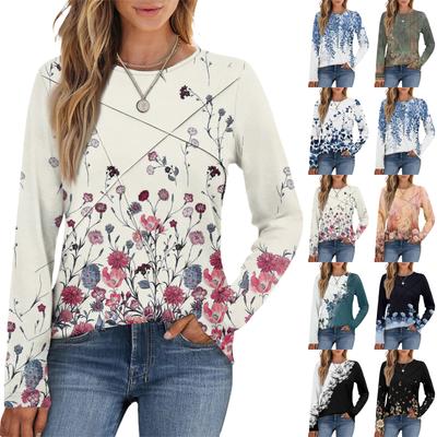 Модная женская блузка с длинным рукавом, круглым вырезом, повседневная, плиссированная, с цветочным принтом, свободного кроя