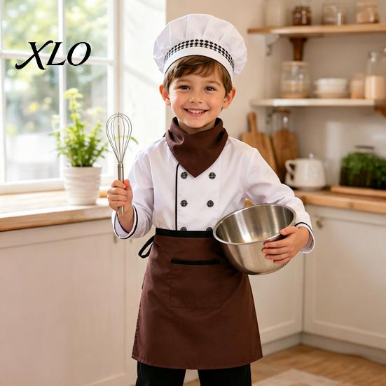 Polyester Chef Uniform for Kids Costume Boys And Girls, Comfortable Cooking Outfit with Stage Performance Suit Apron Hat Role Play Baking Activities