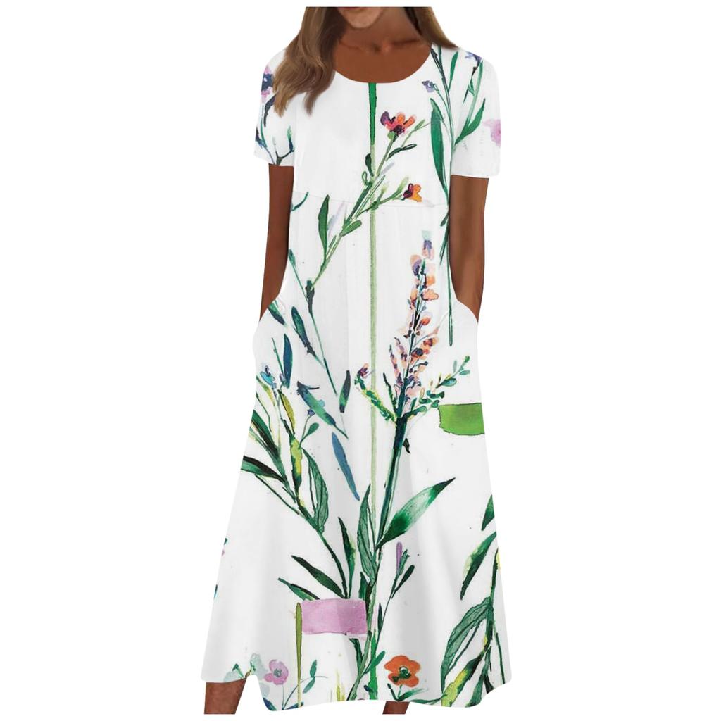 Women's Summer Casual Fashion Floral Print Short Sleeve Round Neck Pocket Dress