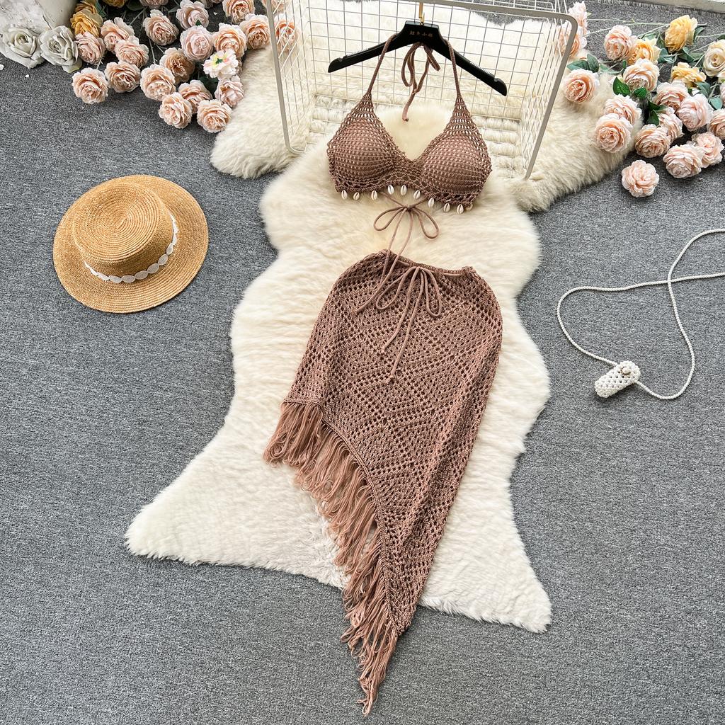 Summer Vacation Sexy Suits Strapless Halter Backless Bikini Set Drawstring Tassel Skirt Women Beach Knitted Fashion Two Pieces Suits