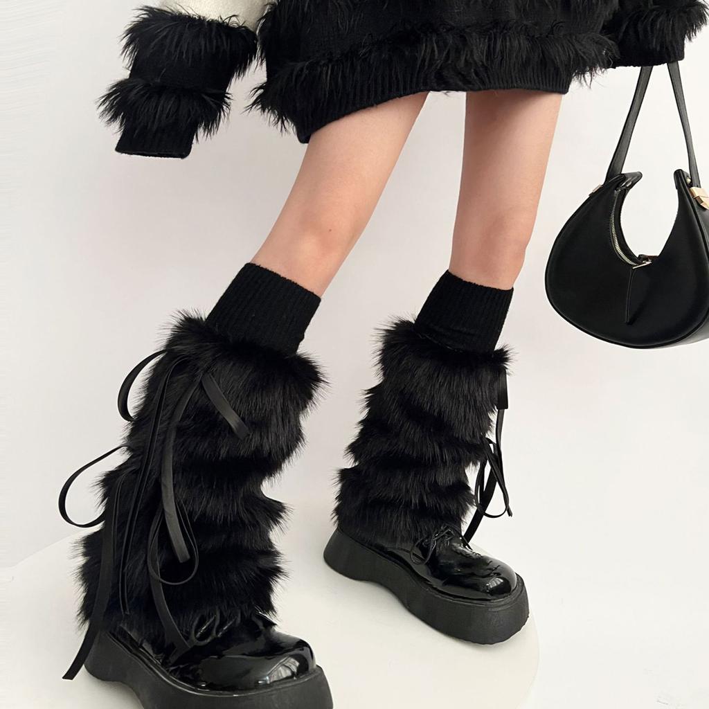 Bow Knot Leg Warmers Thickened Imitation Rabbit Fur Women Leggings Boots Cover Lolita Punk Harajuku Party Accessories