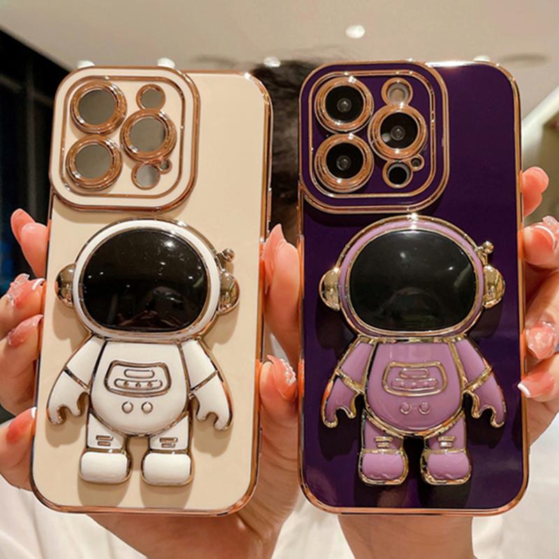 Luxury Space Astronaut Holder Phone Case For iPhone 11 12 13 14 Pro Max X XR XS Cute Plating Bumper On 7 8 Plus SE23 Stand Cover