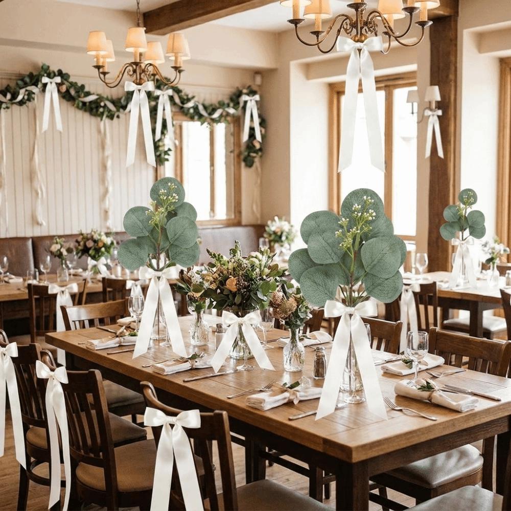 1/4 Sets Long Tails Artificial Eucalyptus Chair Sashes Chair Decorative Strap Bows Restaurant