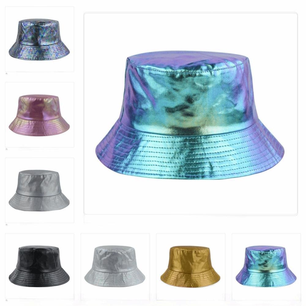 Leather Luminous Bucket Hat Single Sided Solid Color Laser Rainbow Fisherman Hat Silver Gold Shiny Sun Cap Stage Performances