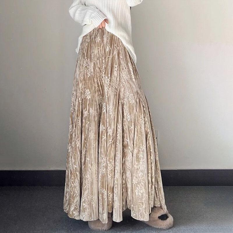 Ретро женская бархатная длинная юбка с принтом, осенне-зимняя теплая расклешенная А-силуэта