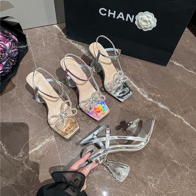 Босоножки Весенние Женские Однословные на Высоком Каблуке с Бантом из Страз Премиальные Хрустальные Босоножки