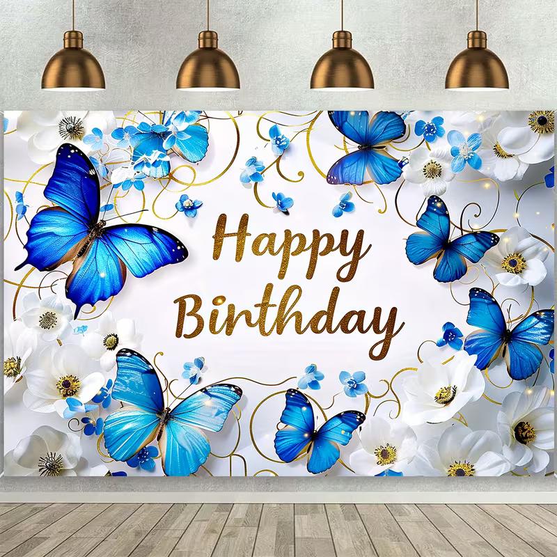 2D Butterfly Happy Birthday Backdrop, Blue & Gold Floral Banner, Kids Birthday Party Photography Decor