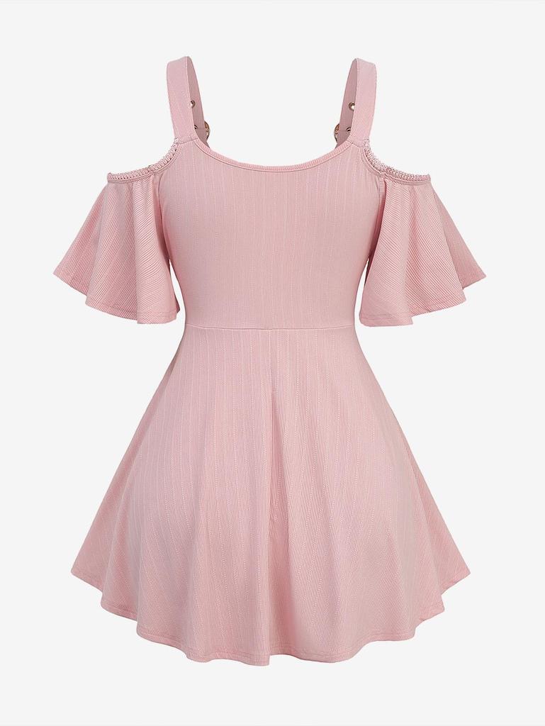 Rosegal Большой размер Топ с перекрутом, жаккардовый, рубчатый, текстурированный, кружевная отделка, пряжка, люверсы, с открытыми плечами