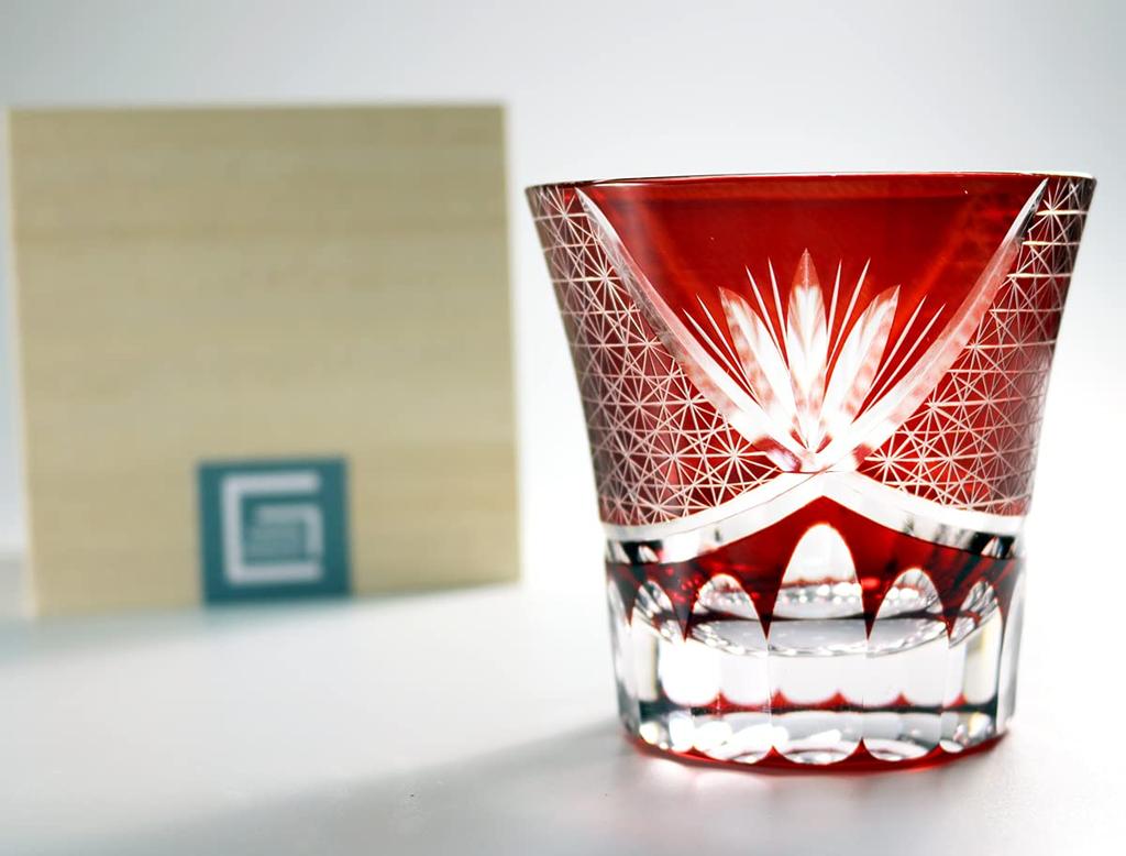GREEM MARKET Crafts with Wooden Box Glasswork Kiriko Glass Cup Shochu Glass Chrysanthemum Tsunagi Pattern Kiriko Glass Product GMS00763 Number (Red)