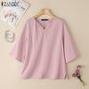 Women V-Neck Loose Casual 3/4 Sleeve Cotton Blouse