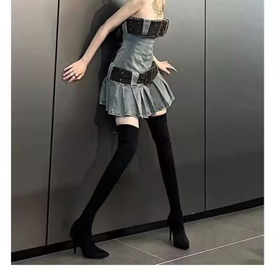 Остроносые сапоги выше колена для женщин осень-зима 2024 новые замшевые интегрированные сапоги сапоги телесного цвета на высоком каблуке эластичные сапоги