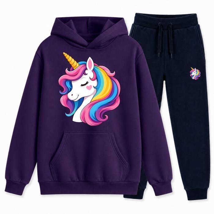 Jogging Enfant fille - Sweat à Capuche et Pantalon Bleu Marine - Motif Licorne Arc-en-ciel - Violet