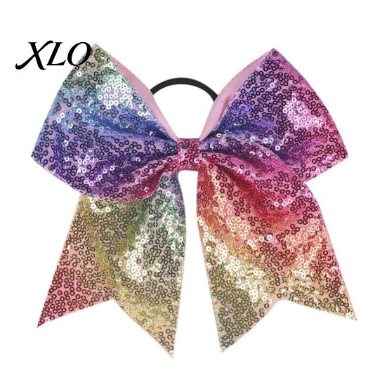 Stage Costume Accessories Sequins Hair Bows, Elastic Tie, Large Cheerleading Shiny Bows for Girls Band Ponytail Holder, Glitter Scrunchies Women Teens