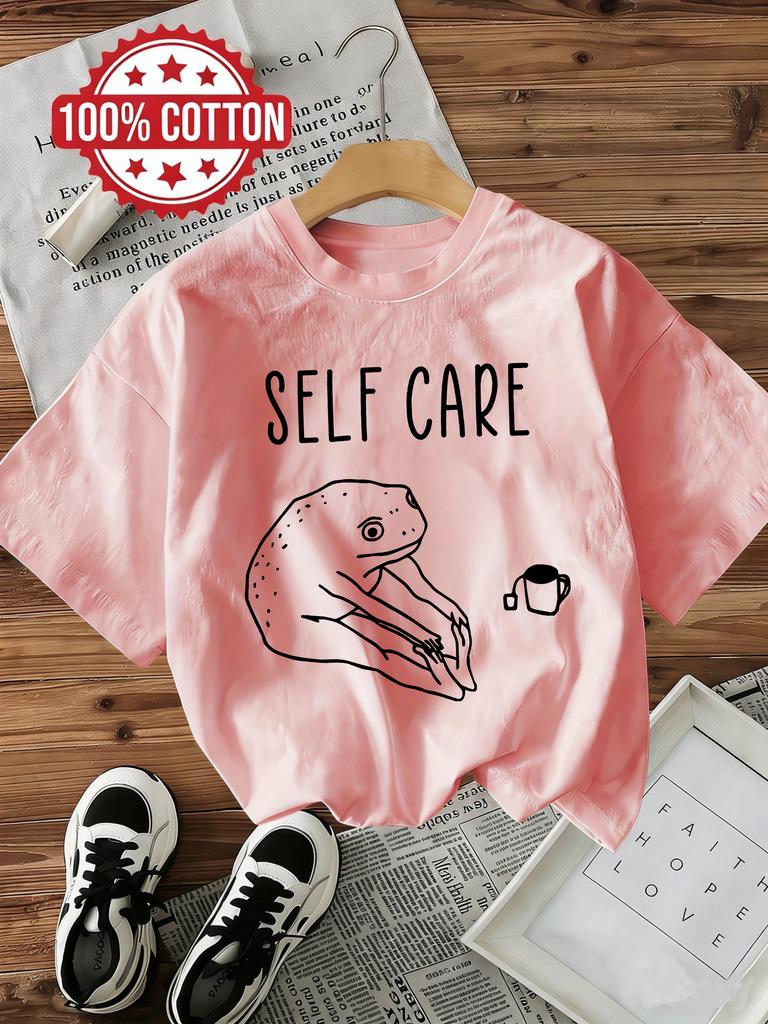 Funny Frog Self Care Cotton Tshirt Unisexs Y2k Style Tshirt Graphic Retro Frog Short Sleeve Crew Neck Top Casual Shirt