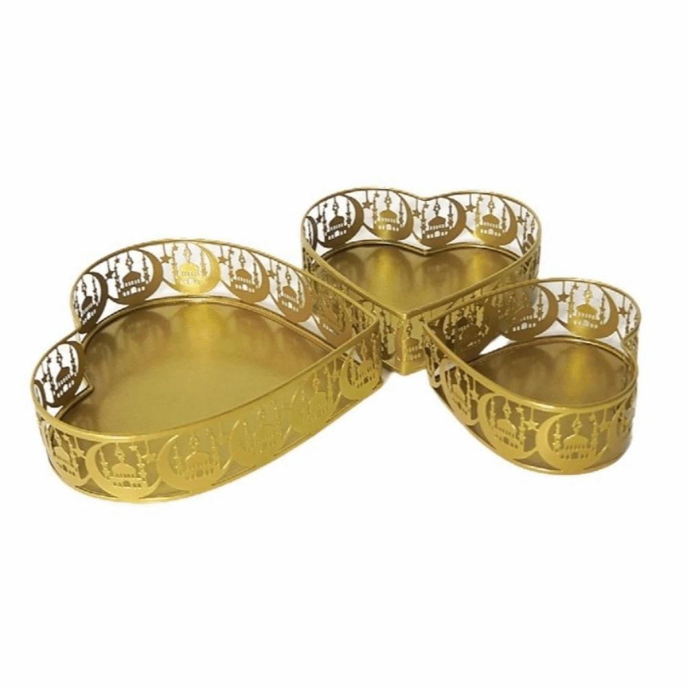 3Pcs Gold Color Ramadan Festival Art Tray Elegant Eid Candy Dish  Islamic Holidays