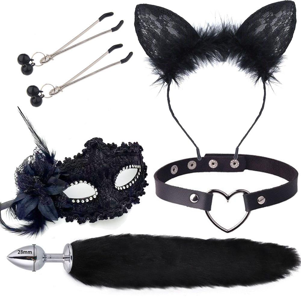 Popular  Hot Sell  Sex Lesbian Cat Ears Hair Band Nipple Clip Plug Anal Adult fox Cat Tail Anal Butt  Plug Sex Toys for Woman