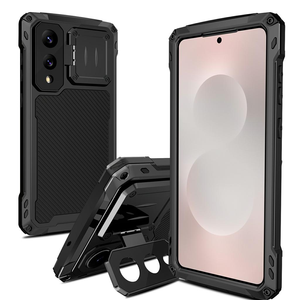 For Samsung Galaxy S25 Edge Case Aluminum Alloy+Silicone Lens Kickstand Phone Cover with Tempered Glass Film