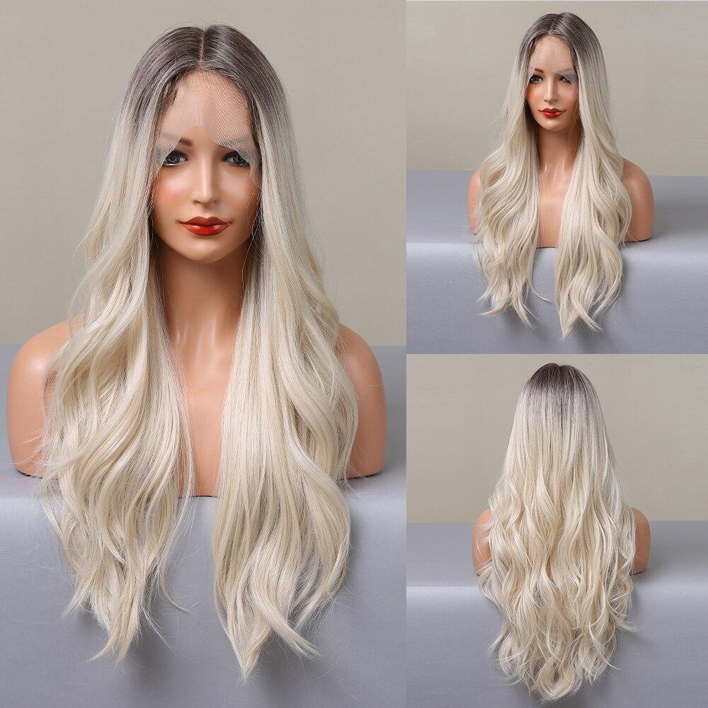 ALAN EATON Длинные объемные волнистые синтетические парики спереди для женщин, афро-коричневый, омбре или блондинка, парик на шнурке с Т-образной частью, цветные мелированные волосы