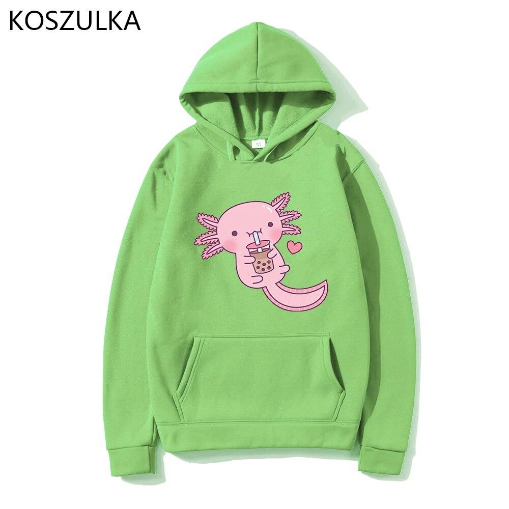 Забавные женские милые толстовки с капюшоном «Аксолотль любит пузырьковый чай» Толстовка с принтом Свободная толстовка с капюшоном большого размера с мультяшным принтом Уличная одежда Розовая одежда