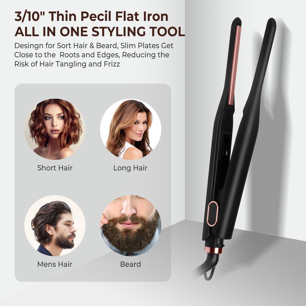 2 In 1 Mini Hair Straightener and Curler 3/10 Inch Small Flat Iron Hair Straightening Styler Pencil Flat Iron for Short Hair