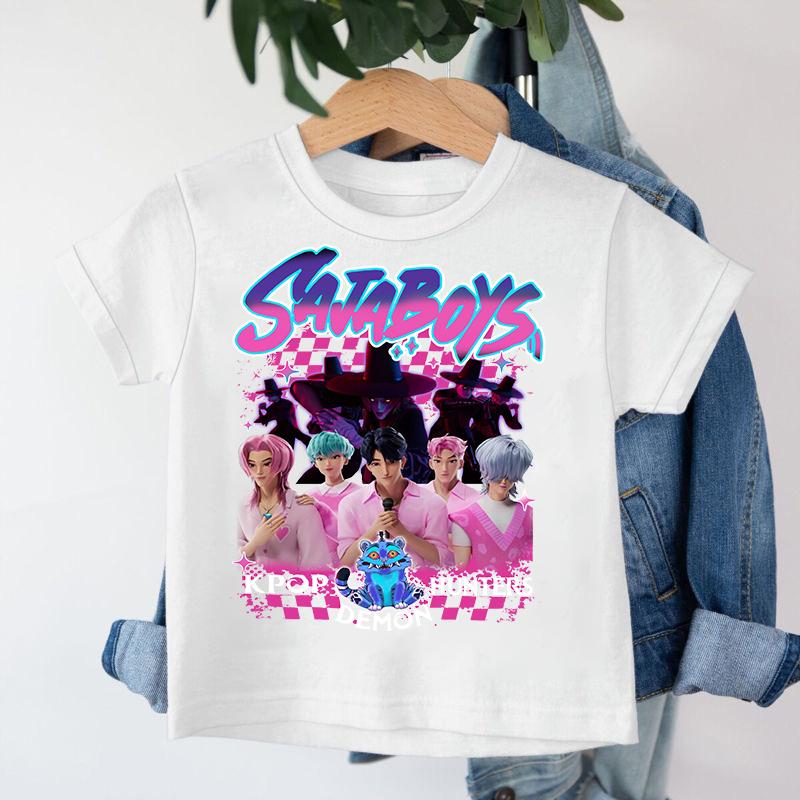 Новая 2026 K-Pop Футболка с мультяшными мальчиками Demon Hunters Saja с круглым вырезом, с принтом, модный повседневный топ, детская футболка, детская одежда