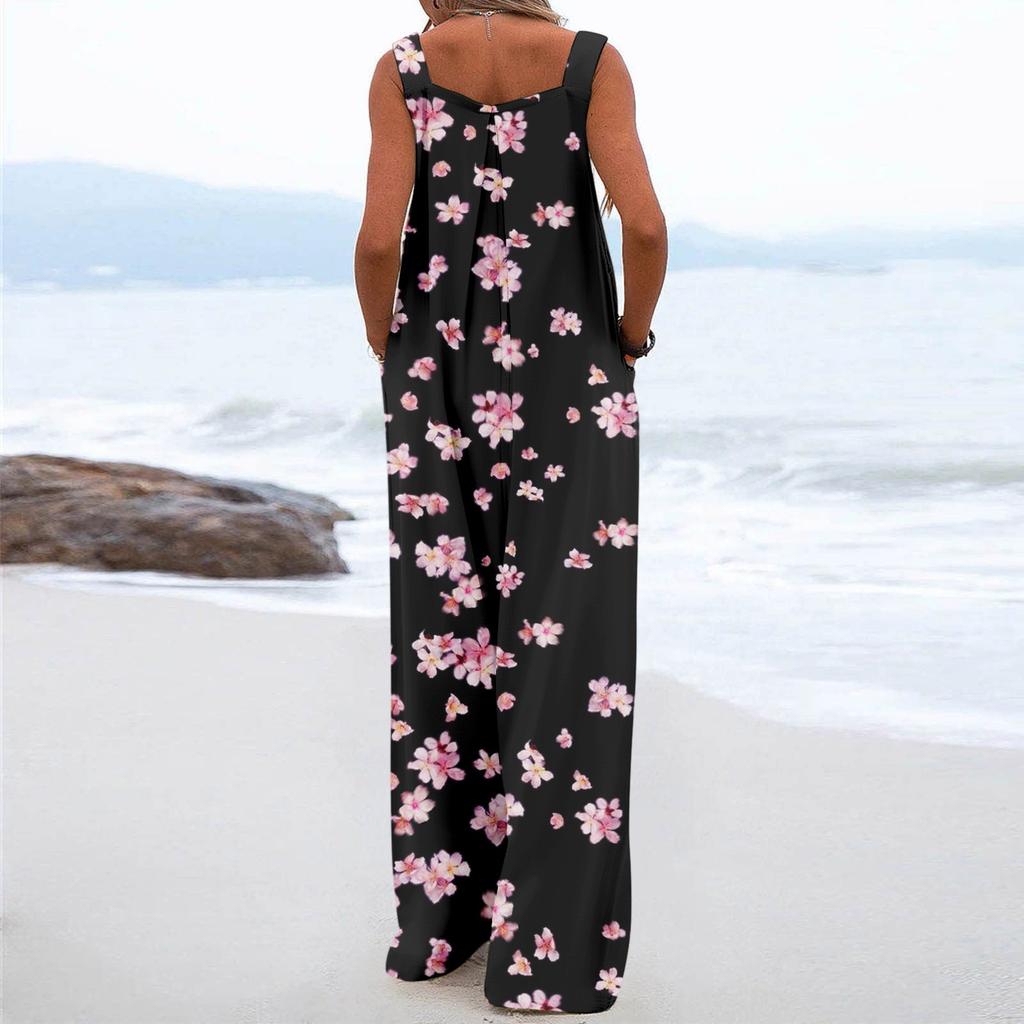 Womens Overalls Casual Print Wide Leg Jumpsuits Bib Rompers Sleeveless Straps With Pockets Outfits
